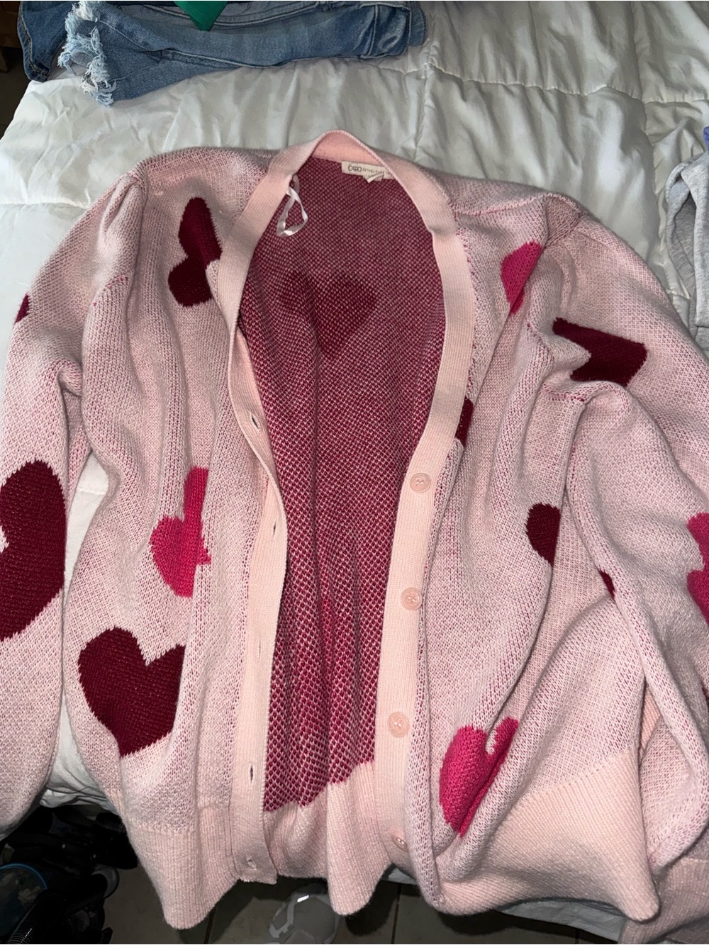 Cato Pink Heart-Print Button Cardigan with Magenta Accents